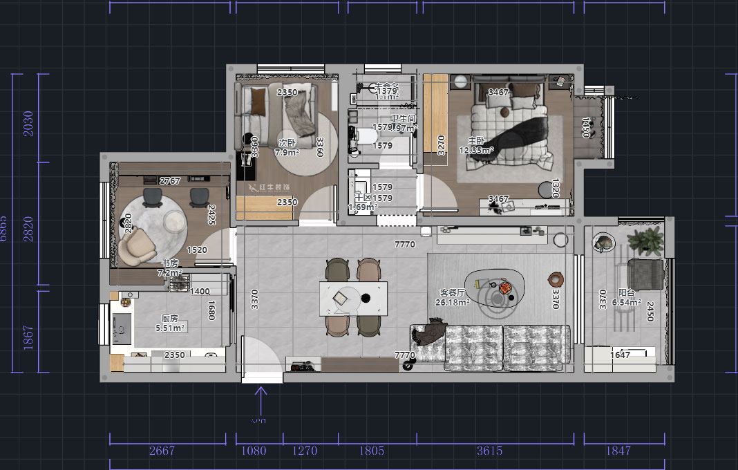 熊皓宇｜中海国际社区3期6-1401室-90㎡-现代风格｜3室2厅1厨1卫1阳台｜老房装修｜定制家｜全包9